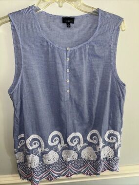 Talbots Blue & White Striped Sleeveless Embroidered Tank
